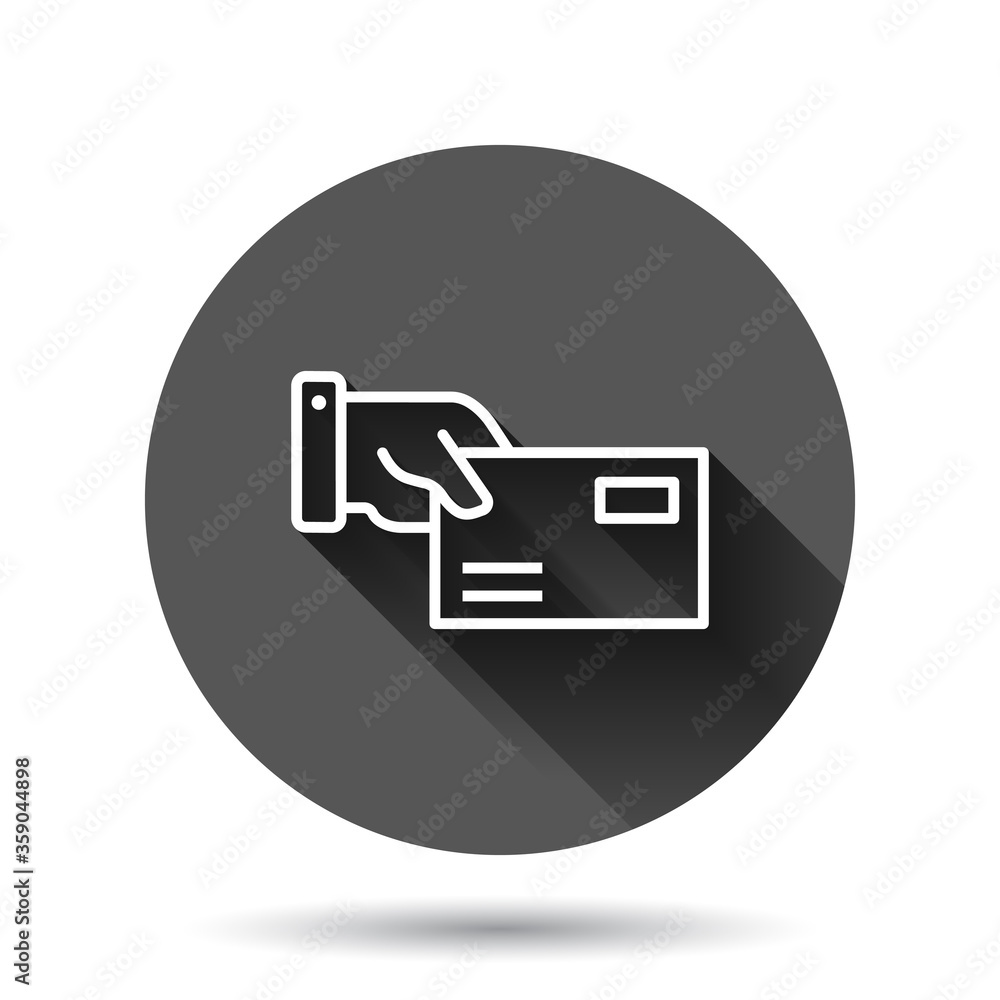 Poster hand with envelope icon in flat style. mail letter delivery vector illustration on black round backg