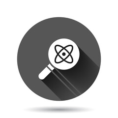 Science magnifier icon in flat style. Virus search vector illustration on black round background with long shadow effect. Chemistry dna circle button business concept.