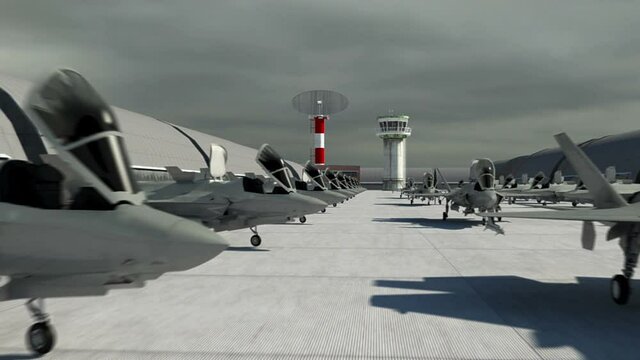 American USA air military base. jet fighter F-35 . Realistic CG animation