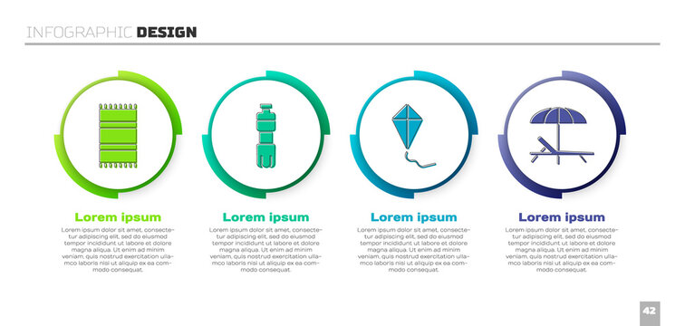 Set Beach towel, Bottle of water, Kite and Sunbed and umbrella. Business infographic template. Vector