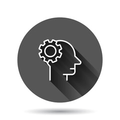 Human head with cogwheel icon in flat style. Technology progress vector illustration on black round background with long shadow effect. Face and gear circle button business concept.
