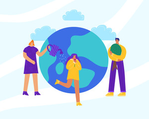 People are preparing for Earth Day. Ecological poster. Save the planet. Vector illustration.