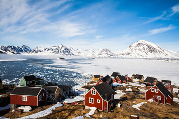 A beautiful landscape view of Kulusuk Village, eastern Greenland - obrazy, fototapety, plakaty