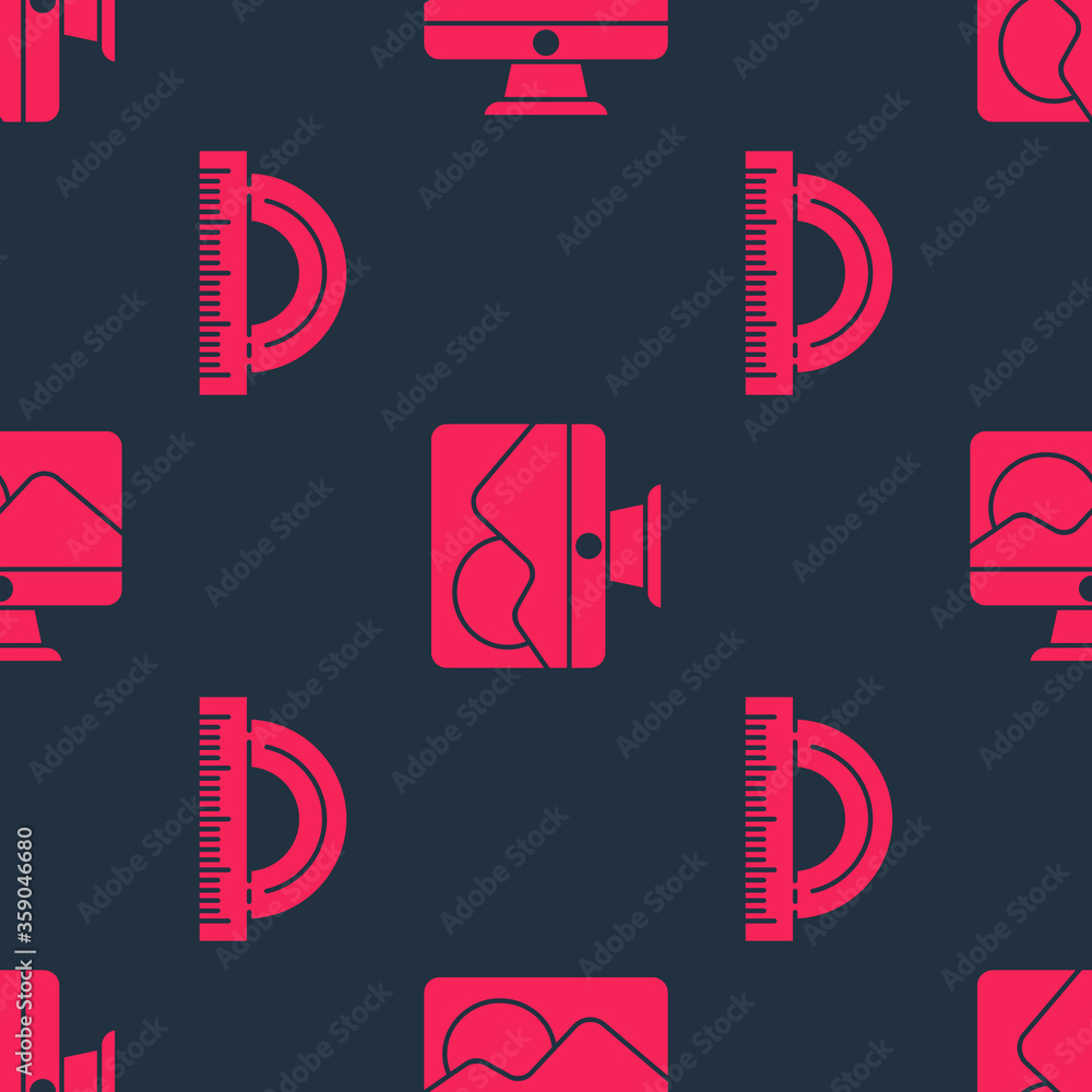 Poster set protractor and computer monitor screen on seamless pattern. vector