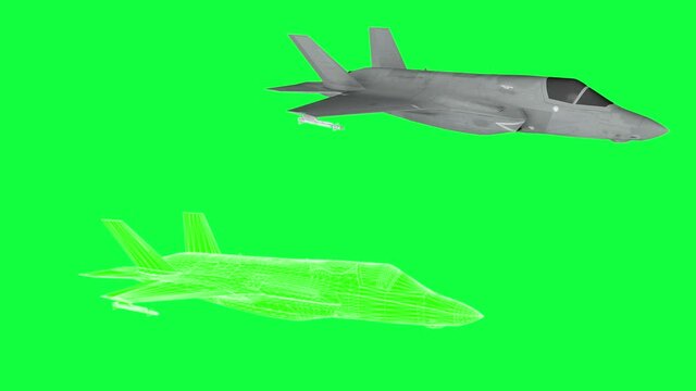 Military plane, rotate animation , wireframe render. green screen footage