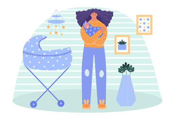 Sad woman holding a crying baby. The concept of postpartum depression. Vector illustration.