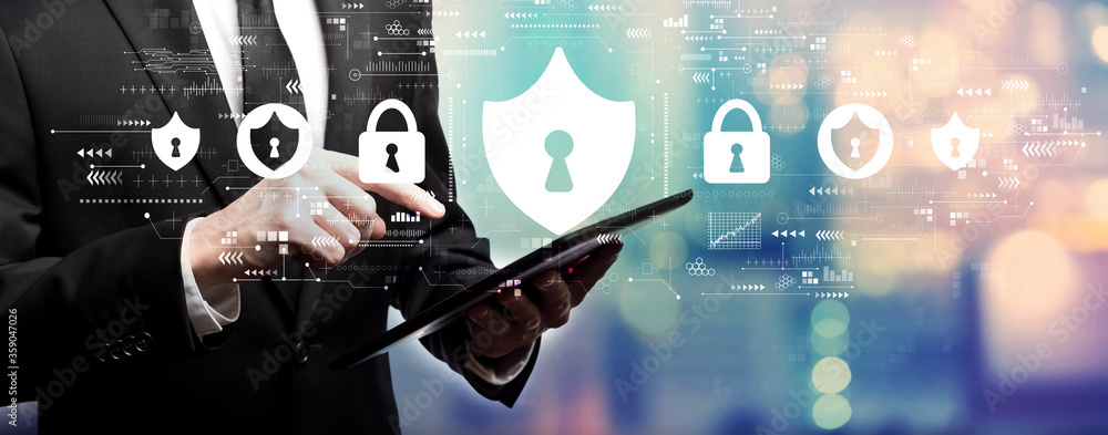 Aufkleber cyber security theme with businessman using his tablet computer