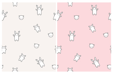 Cute Hand Drawn White Toys Seamless Vector Pattern. Lovely Nursery Art with Bears, Bunnies and Cats isoalted on a Light Cream and Pastel Pink Background. Funny Infantile Style Print.