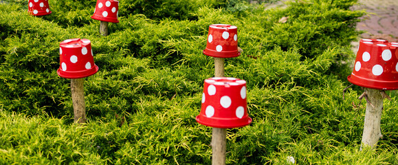 Green coniferous bushes. Toadstool, red mushroom made from pots. Garden decoration ideas. Do it yourself. 