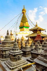 Swayambhunath (Swayambu or Swoyambhu), an ancient religious architecture atop a hill, Kathmandu,...
