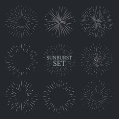 Set of vintage sunbursts. Retro line art ray of sun or star, fireworks. Perfect for logo design. Vector illustration.