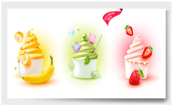 3d Soft Ice Cream.Banana, Strawberry, Pistachio ice cream in a paper jar, packaging.Vector realistic image of 
dessert. Label, wrapper, poster, leaflet.