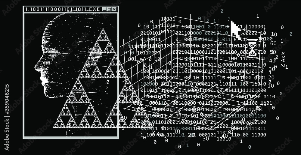 Aufkleber Silhouette of a human made in pixel art style. Conceptual image of AI (artificial intelligence), VR (virtual reality), Deep Learning  and Face recognition systems.