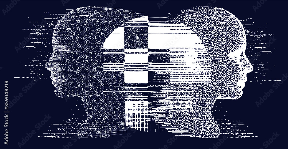 Poster Silhouette of a human made in pixel art style. Conceptual image of AI (artificial intelligence), VR (virtual reality), Deep Learning  and Face recognition systems.