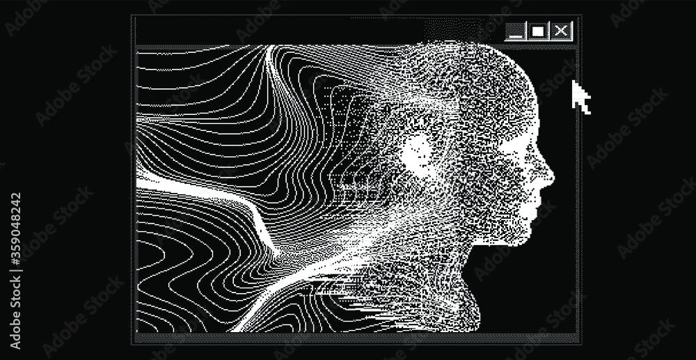 Poster Silhouette of a human made in pixel art style. Conceptual image of AI (artificial intelligence), VR (virtual reality), Deep Learning  and Face recognition systems.
