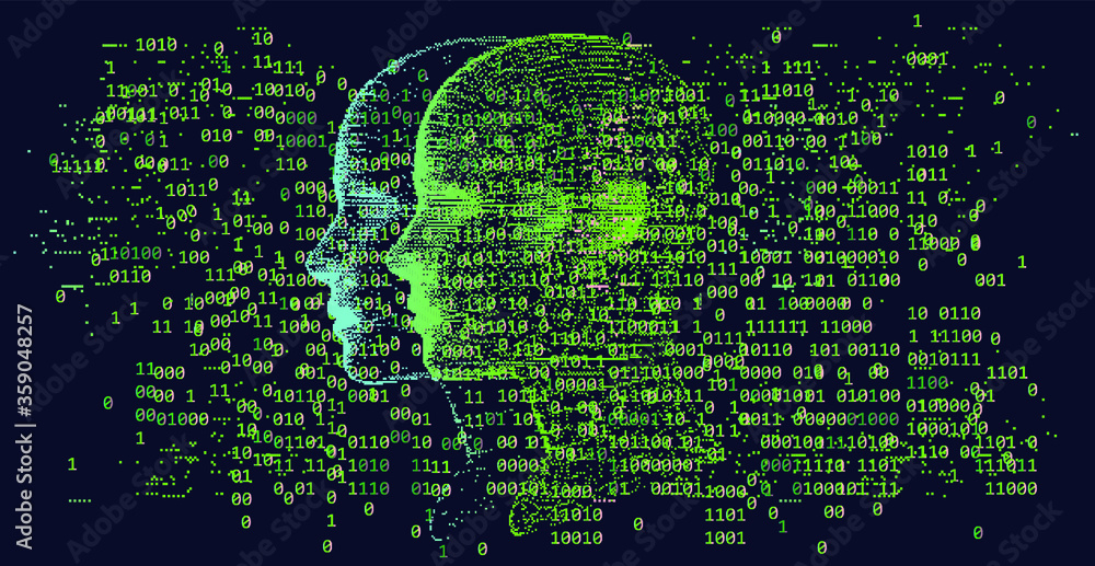 Aufkleber Human head made of particles on binary code background. Cyberpunk style illustration.