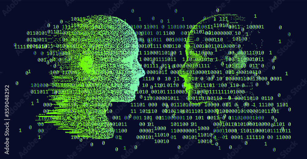 Poster Human head made of particles on binary code background. Cyberpunk style illustration.