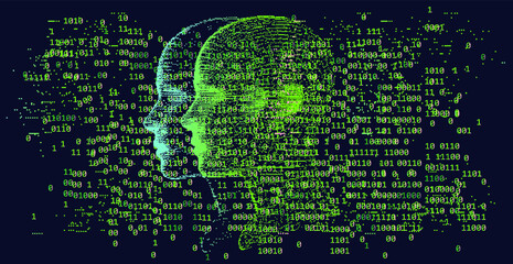 Human head made of particles on binary code background. Cyberpunk style illustration.