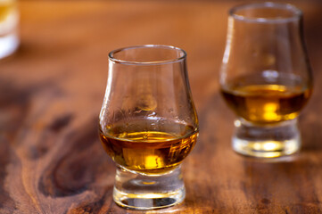 Scotch single malt or blended whisky tasting on distillery in Scotland, UK