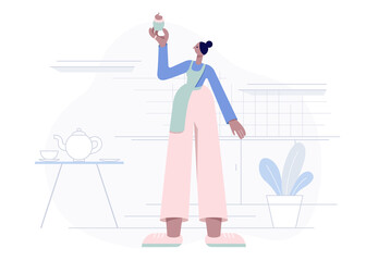 Woman in the apron stands in the kitchen and holds a muffin. Homemade cake. Flat geometric style vector illustration.