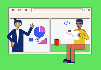 Video conference and online live streaming concept. Group of diverse people having conversation. Vector illustration in flat cartoon simple style.