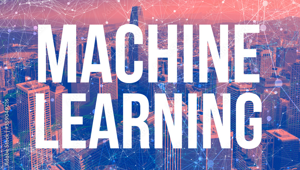 Poster machine learning theme with abstract network patterns and downtown san francisco skyscrapers