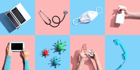 Telehealth and telemedicine theme flatlay design with overhead tiles