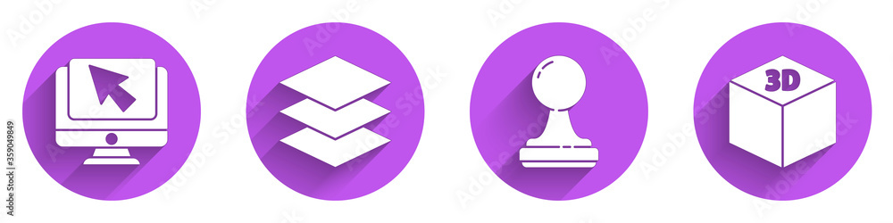 Poster set computer monitor and cursor, layers, stamp and isometric cube icon with long shadow. vector
