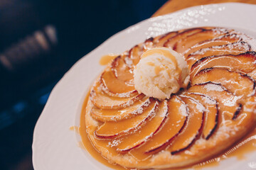 Eat sweet dessert cuisine tart Pancake in cafe menu.Pastry products close up.Delicious menu item in restaurant.Enjoy fresh Layered cake vanilla custard served fruit slices peach exotic cream pie Diet.