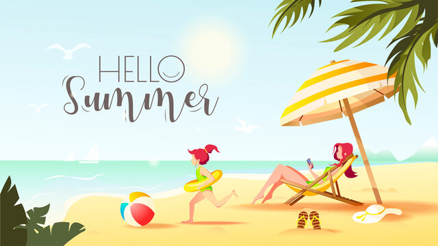 Hello Summer card design with woman sitting in the sun lounger under a sunshade and girl with rubber ring. Vector Illustration for Beach Holidays, Summer vacation, Leisure, Recreation, Nature.