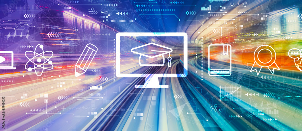 Poster e-learning concept with abstract high speed technology pov motion blur