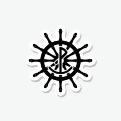 Ship steering wheel, anchor sticker isolated on gray background