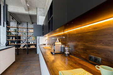 luxury studio apartment with a free layout in a loft style in dark colors. Stylish modern kitchen...