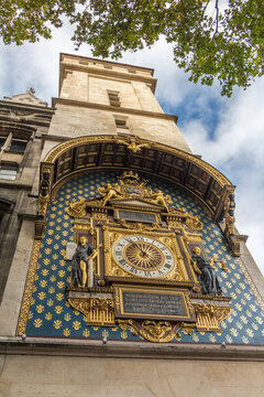 The Conciergerie clock in old Paris, built between 1350 and 1353, the oldest public clock in Paris, France