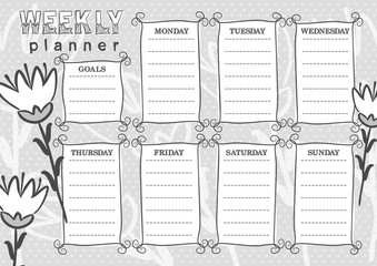 Vintage Template of a weekly planner for 7 days of the week and goals. Vector illustration in doodle styles. Includes hand-drawn flowers.