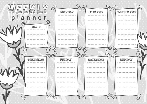 Vintage Template of a weekly planner for 7 days of the week and goals. Vector illustration in doodle styles. Includes hand-drawn flowers.