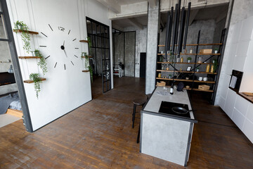 luxury studio apartment with a free layout in a loft style in dark colors. Stylish modern kitchen...