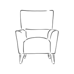 Fototapeta premium Sketch chair in linear style, outline drawing in black on a white background. Upholstered furniture for sitting, relaxing. Silhouette. vector. upholstered chair, vector sketch illustration