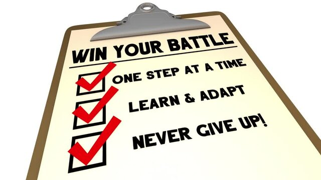 Win Your Battle Never Give Up Checklist Steps Determination Clipboard 3d Animation