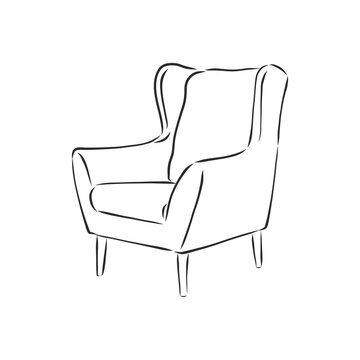 recommend clip art: Sketch chair in linear style, outline drawing in black on a white background. Upholstered furniture for sitting, relaxing. Silhouette. vector. upholstered chair, vector sketch illustration