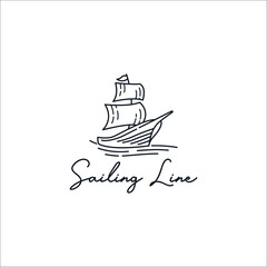 Sailing line art template logo design inspiration. Ship logo. Sailboat Premium Quality symbol icon vector illustration