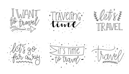 Set of Hand drawn Travel, Camping and Adventure phrases. Camping and adventure hand sketched typography design. Handwritten lettering.
