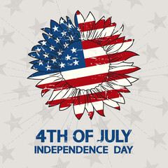 Independence Day 4th of July (Fourth of July) patriotic concept, banner, greeting card, poster. American federal national holiday. United States sunflower flag in grunge style, vector illustration. 