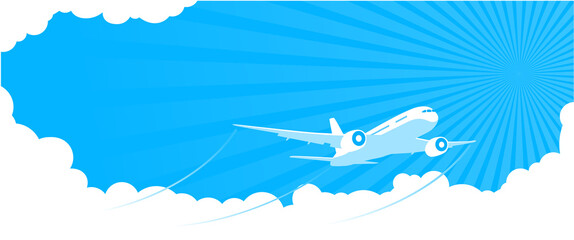 Summer entertaining airplane flight through blue sky with clouds. Space for flyer advertisement text. Illustration, vect