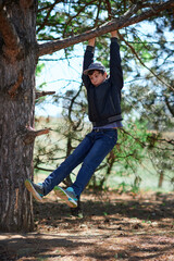 Teenage boy playing outdoor, climbing a tree, bright sunlight, beautiful day