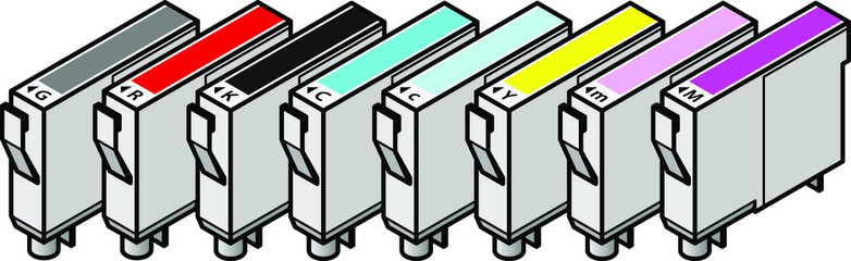 A set of inkjet printer cartridges - individual tanks of cyan, yellow, magenta and black; plus light/pale cyan, light/pale magenta, red and gray - for 8-colour high-fidelity printing. - obrazy, fototapety, plakaty