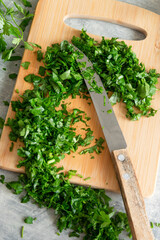 Cooking with greenery, fresh raw parsley and garlic on kitchen table