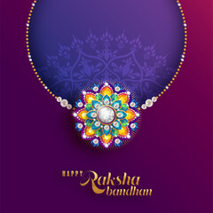 Decorated rakhi for Indian festival Raksha Bandhan Greeting Card ,indian festival with gold patterned and crystals on paper color Background.
