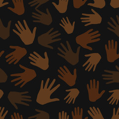 Black lives matter. Seamless pattern. Many hands on dark background, stop racism. Interracial community unity. Protest. Modern vector in flat style. New movement