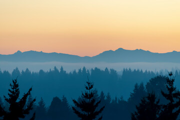 Silhouette of Northwest Cascade Range with forest in foreground on Mercer Island in Washington state on an autumn day in October.